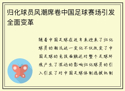 归化球员风潮席卷中国足球赛场引发全面变革 归化球员风潮席卷中国足球赛场引发全面变革